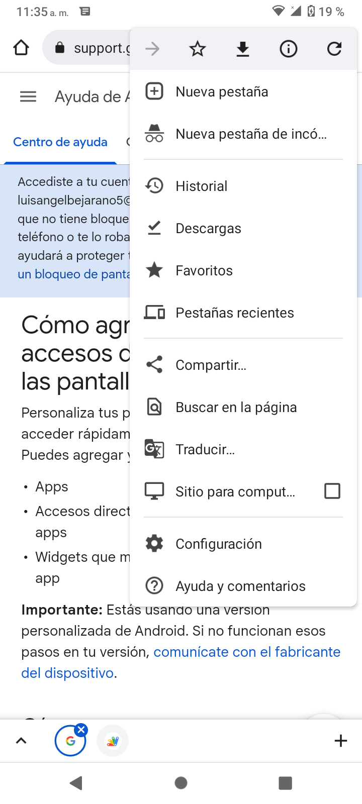 no me aparece anadir a pantalla de inicio por que